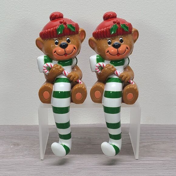 Vintage 1982 Holiday Bear Christmas Stocking Hanger Candy Cane Scarf Set of 2 - Picture 2 of 5